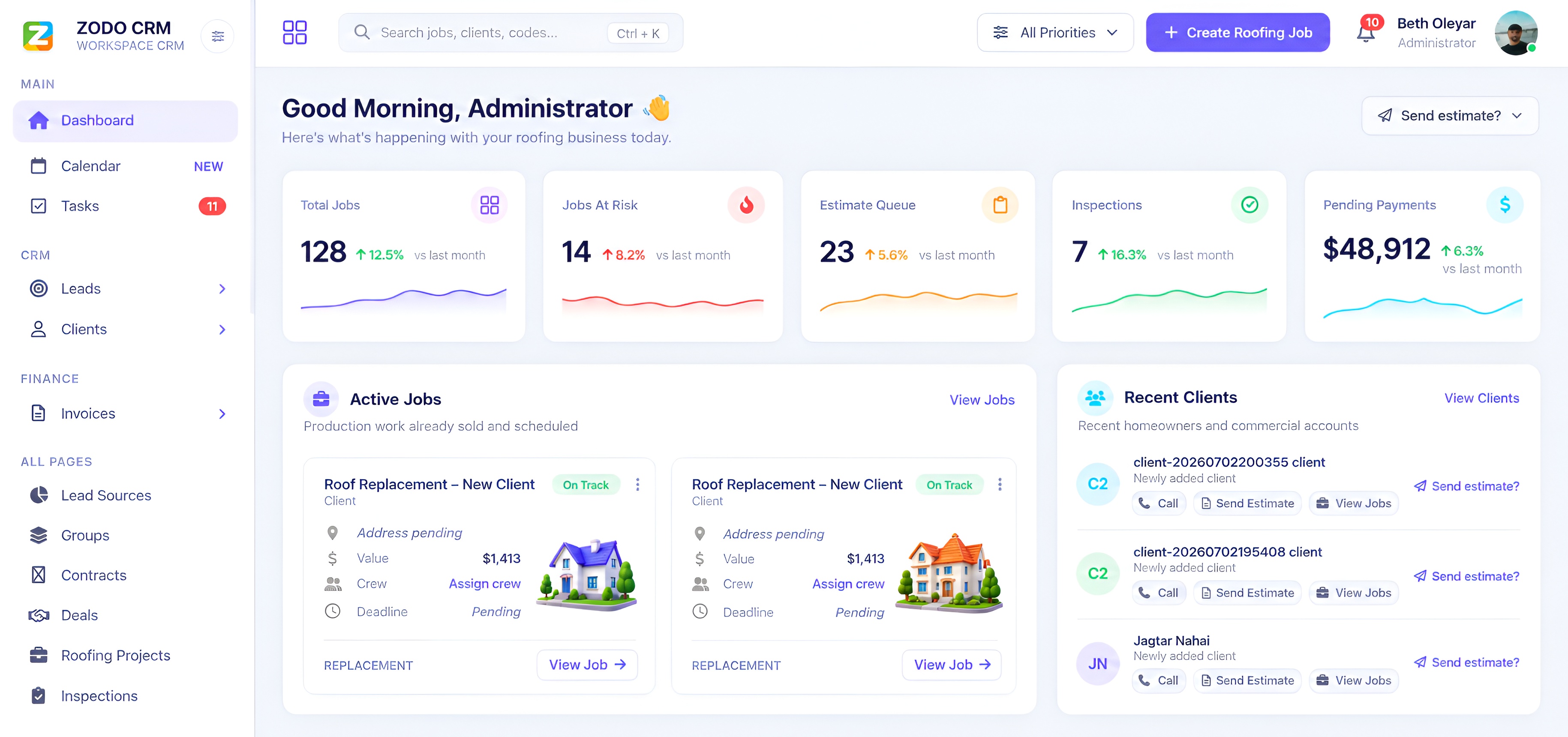 ZODO Roofing CRM dashboard preview